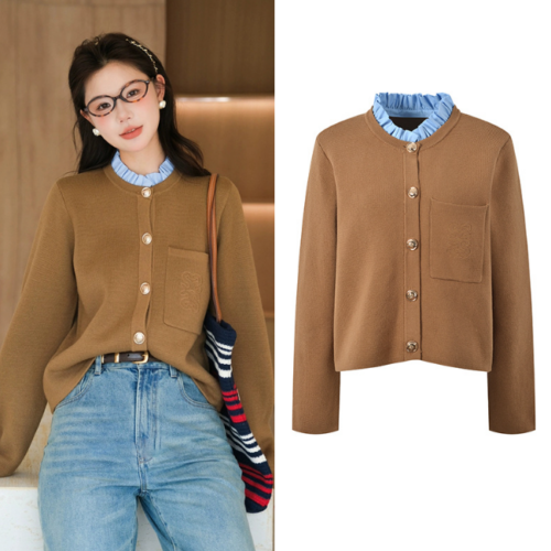 Camel Metal Button Knitted Cardigan Women 2024 New Letter Embroidery Removable Collar Long Sleeve Retro Sweater Coat 5240190