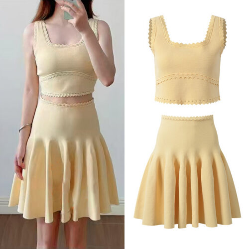 2026 Spring/Summer New Style Light Yellow Tight-Fitting Slimming Short-Sleeved Bralette with Pleated Wave Waistband and Flared Skirt Set of Two Pieces 6260055