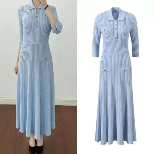 Blue Single-breasted Knitted Long Dress Women 2025 Summer New Half-sleeve Slim Pit Striped Dress 5250156