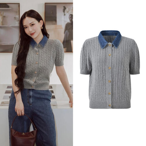 2025 summer new denim polo collar single-breasted hemp pattern short-sleeved fashionable versatile gray knitted top