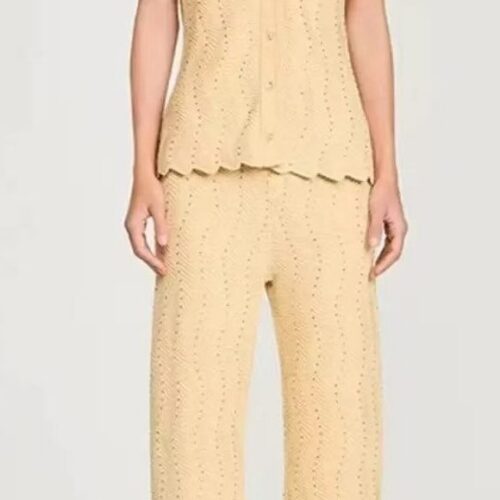 2026 Spring/Summer New Style Beaded Elegant Business Blouse with Collarless Short Sleeve Knitted Top + Straight Pants Set for Women 626HH51