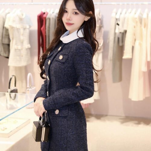 2025 Autumn-Winter New Model: Elegant and Stylish Lace-Trimmed Long Dress in Deep Navy Blue