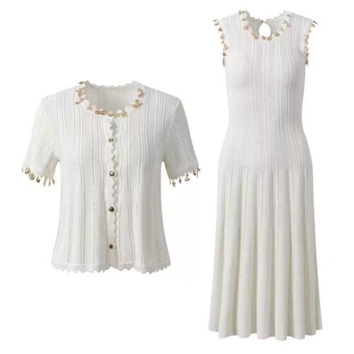 2026 Summer New Style Fashion-Elegant Metal Decorated Knitted Cardigan Top + Blouse Dress Set 6260056