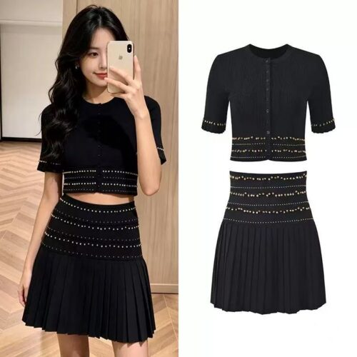 2026 Early Fall New French-Style Vertical Stripe Openwork Jacquard Beaded Fitted Knit Cardigan + Skirt Set 6260254