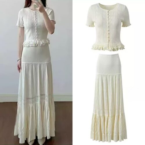 2026 Spring/Summer New Collection Imitation Pearl-Decorated Button Slim-Fitting White Round-Neck Short Knit Top and Skirt Set 6260058