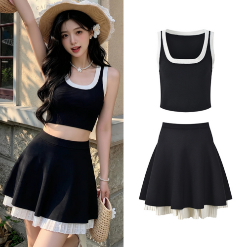 2026 summer new fashionable temperament contrasting color splicing slim knit camisole vest+skirt two-piece set 6260216