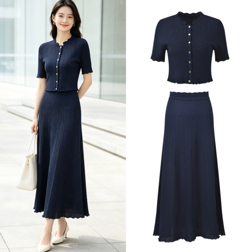 2026 summer new French pit stripe texture round neck slim fit short knitted cardigan+long skirt set 6260220
