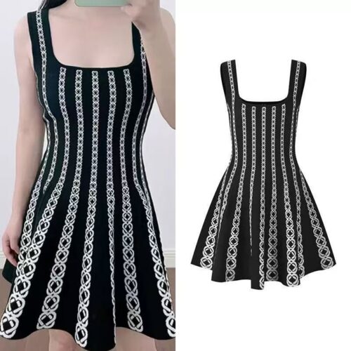 Black Chain Design Knitted Mini Dress Women's 2025 Summer New Elegant Vest Dress 5250225