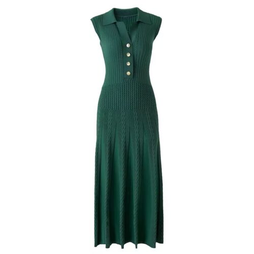 2026 New Women's Fashion Chic Short Collar Dark Green Form-fitting Sleeveless Ribbed Knit Dress 625HH1