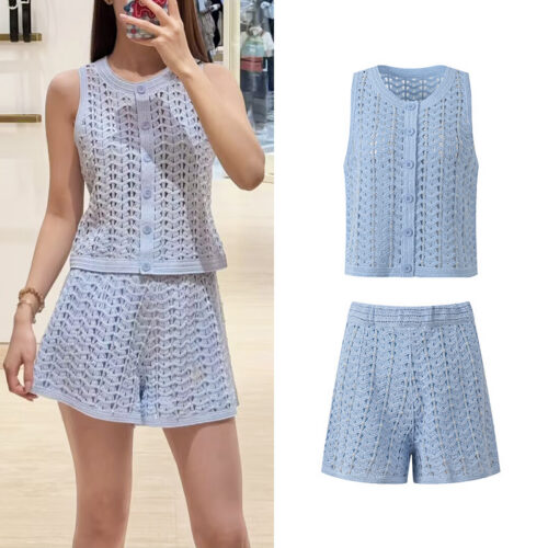 2026 Summer New Style Light Blue Openwork Jacquard Heavy Beaded Short Sleeve Knitted Jacket and Shorts Set 6260105