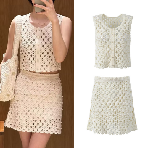 2026 Summer New Style French Style Petite Flared Heavy Knitted Pattern Openwork Beaded Sleeveless Top and Skirt Set 6260104