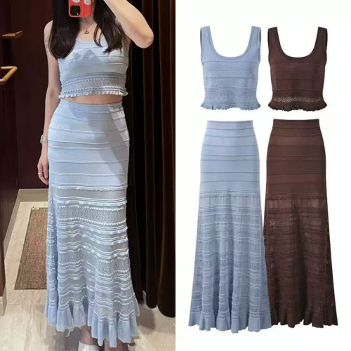 2026S Summer French Elegant Solid Color Knitted V-Neck Top + Skirt Set 6260131