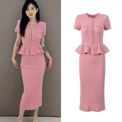 2025 Fall/Winter New French Glamorous Lady's Light Luxury Beaded Round Neck Padded Ruffled Bodycon Slimming Dress