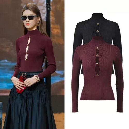2025 Winter New French Chiffon High-Collar Knit Top with Sheer Cutouts for Slimming and Body-Conforming Fit