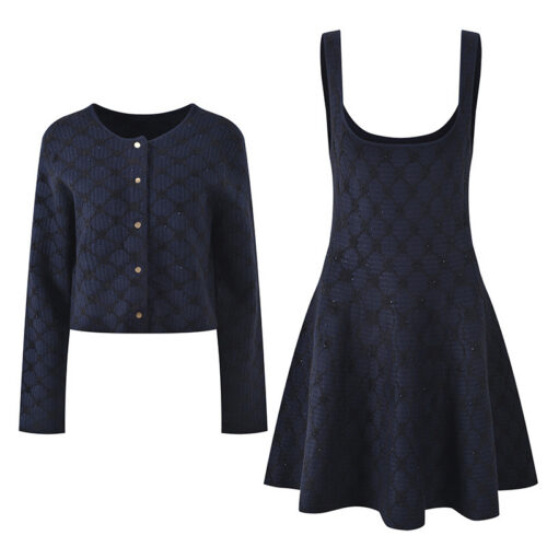 2026 Fall New Fashion Diamond Print Round Neck Short Knit Cardigan Top + Strapless Dress Set
