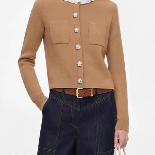 Autumn and Winter New Arrival Light Brown Beaded Lace Flower Round Neck Long Sleeve Knit Cardigan Sweater Jacket Top 6260377
